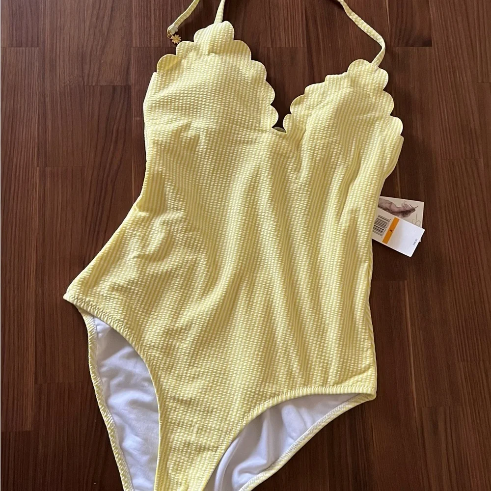NWT Jessica Simpson Lemon Yellow Scalloped One Piece Swimsuit, size S